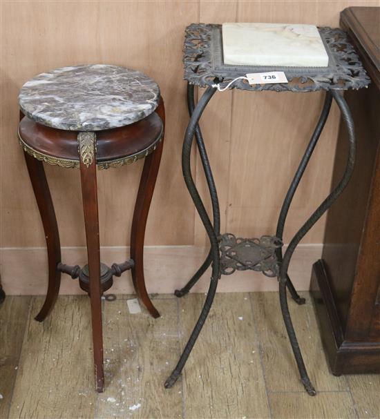 An Edwardian cast metal and green onyx jardiniere stand and a marble topped beech stand